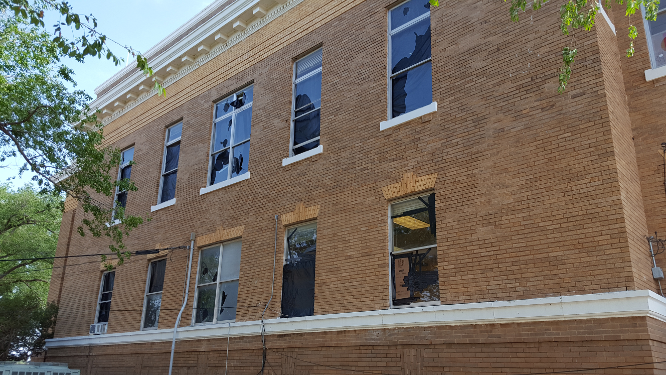 Wind driven hail did extensive damage to vehicles, trees and buildings in Crosbyton on 15 May 2018. This picture of the southwest facing side of the County Courthouse was taken by Justin Weaver the following day.