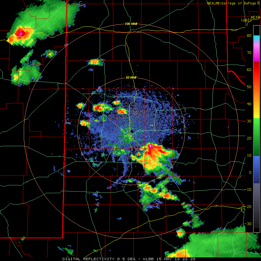 Radar animation from the Lubbock WSR-88D valid from 5:20 pm to 6:29 pm on 15 May 2018.