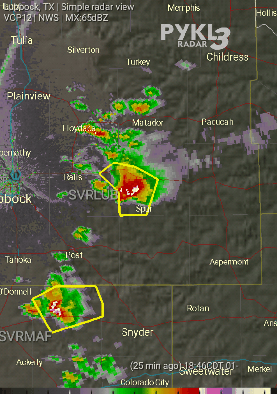 Lubbock radar animation of the supercell that produced damaging winds as it moved by Ralls and Spur on 1 June 2018. The animation is valid from 6:46 pm to 7:07 pm.
