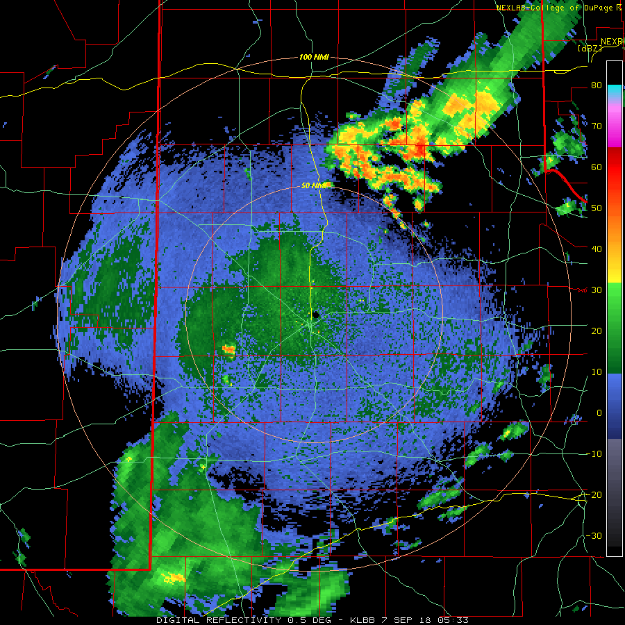 Lubbock WSR-88D radar imagery valid 12:33 am to 4:20 am on 7 September 2018.