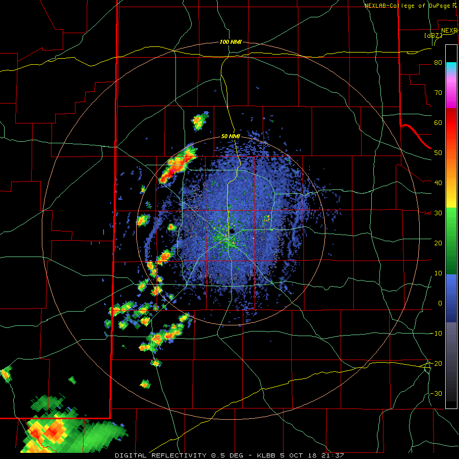 Lubbock radar animation valid from 4:37 pm to 6:20 pm on Friday, 5 October 2018.
