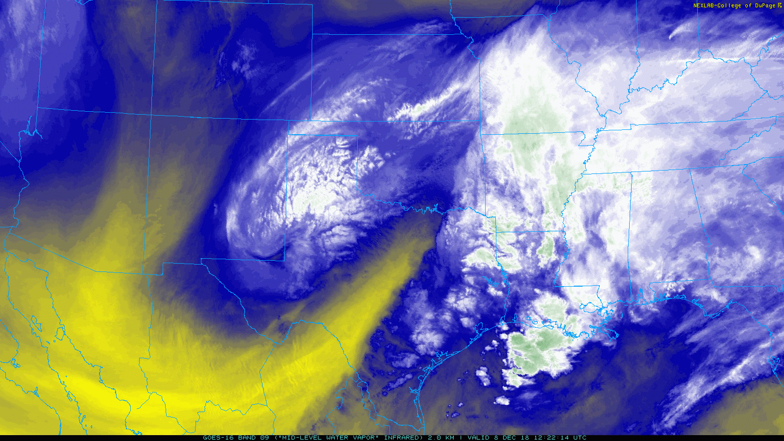 GOES 16 water vapor loop valid from from around 6 am to 9 am on 8 December 2018. Note the impressive storm system churning across northwest Texas where it was producing moderate to heavy snow.