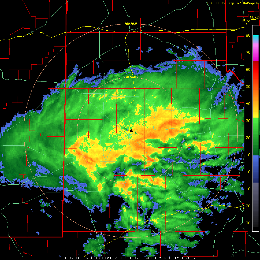 Lubbock radar animation valid from 3:15 am to 8:50 am on 8 December 2018.