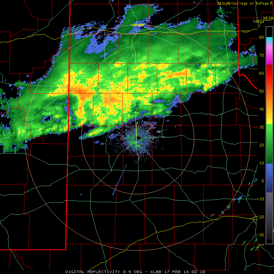 Lubbock radar animation valid from 8:10 pm on Friday 16 February to 12:29 am on Saturday 14 February 2018.  