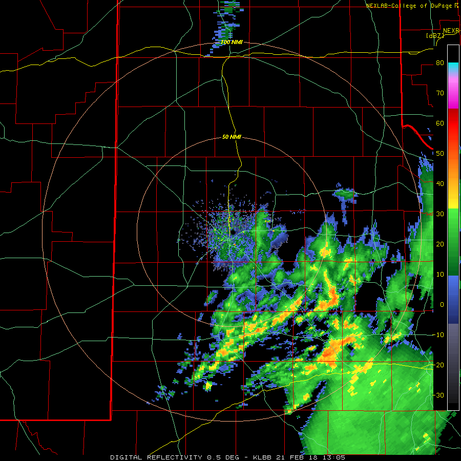 Lubbock radar animation valid from 7:05 am to 11:04 am on 21 February 2018.