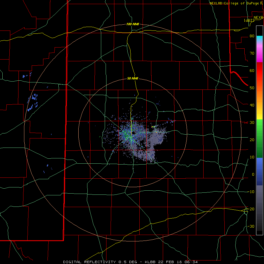 Lubbock radar animation valid from 12:34 am to 7:45 am on 22 February 2018.