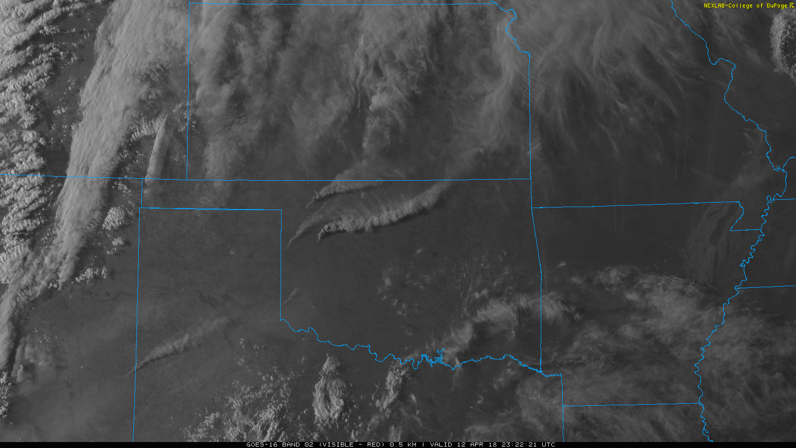 5-minute visible satellite animation valid from 6:27 pm to 7:07 pm on 12 April 2018. The imagery is courtesy of the College of DuPage.