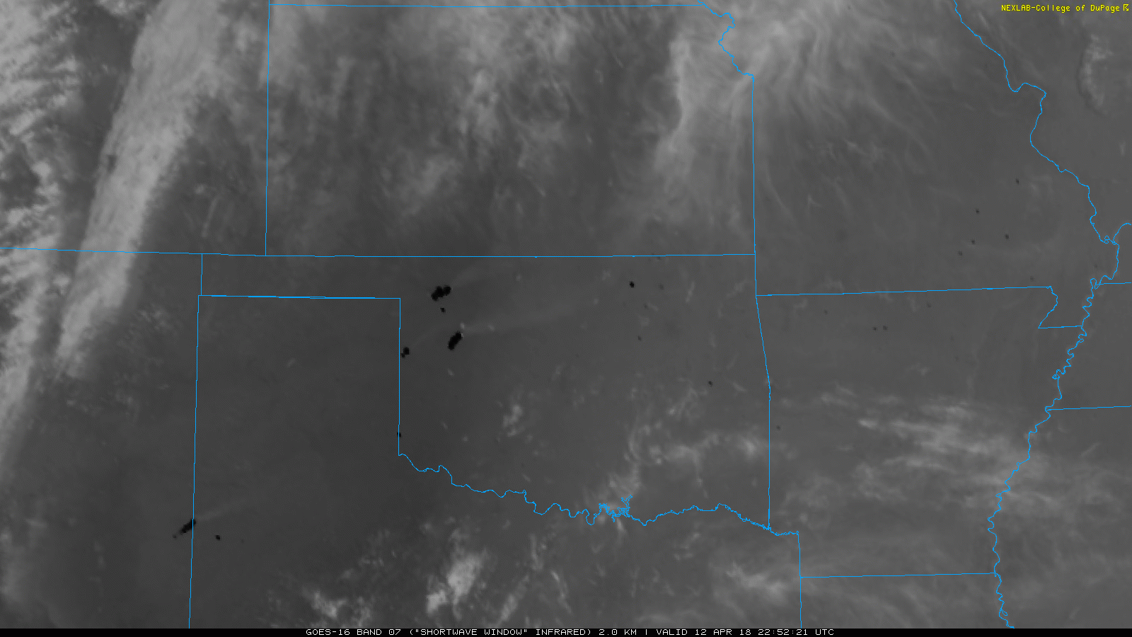 5-minute infrared satellite animation valid from 5:52 pm to 6:37 pm on 12 April 2018. The imagery is courtesy of the College of DuPage.