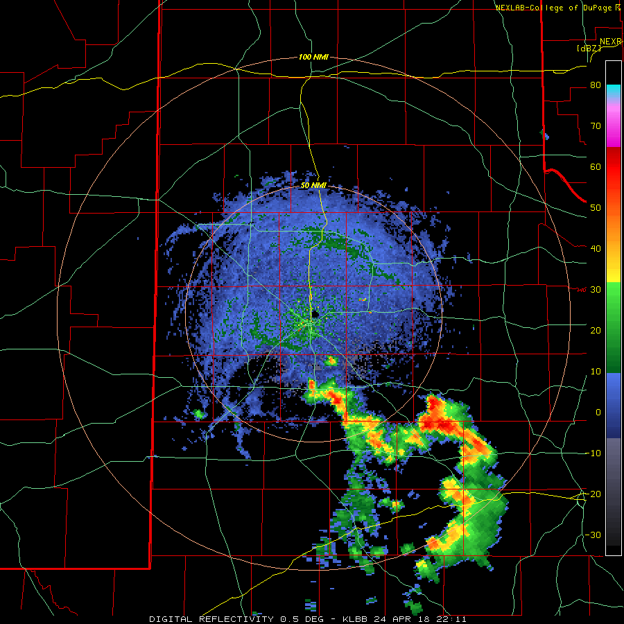 Lubbock radar animation valid from 5:11 pm to 8:47 pm on 24 April 2018. 