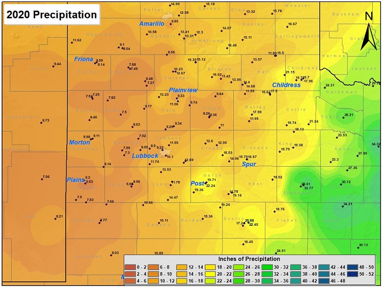This map displays precipitation totals for 2020. The map was created with data gathered from the NWS Cooperative observers and automated stations, and the West Texas Mesonet. 