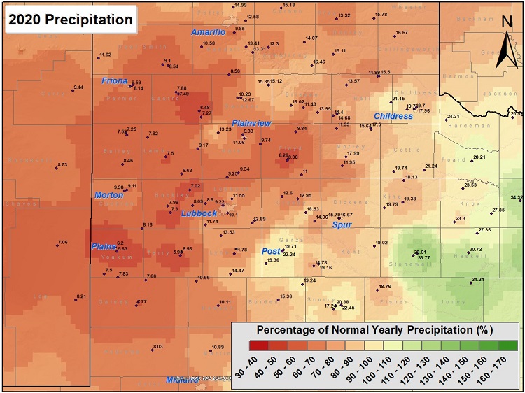This map shows the 2020 precipitation as percent of the 30-year average.