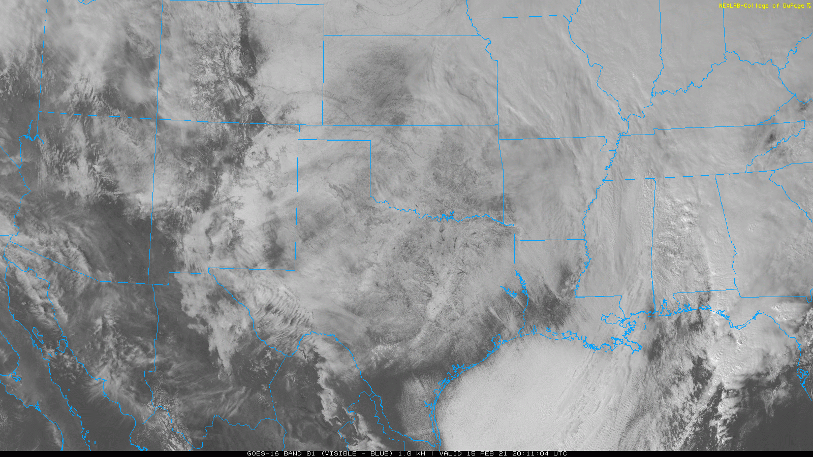 Visible satellite animation taken by�GOES-16 between 2:11 pm and 2:31 pm on 15 February 2021. On this rare mostly clear afternoon, widespread snow (stationary white areas) can be seen over much of Texas, as well as adjacent states to the north and west. The lakes and river valleys also stand out, including Palo Duro Canyon.