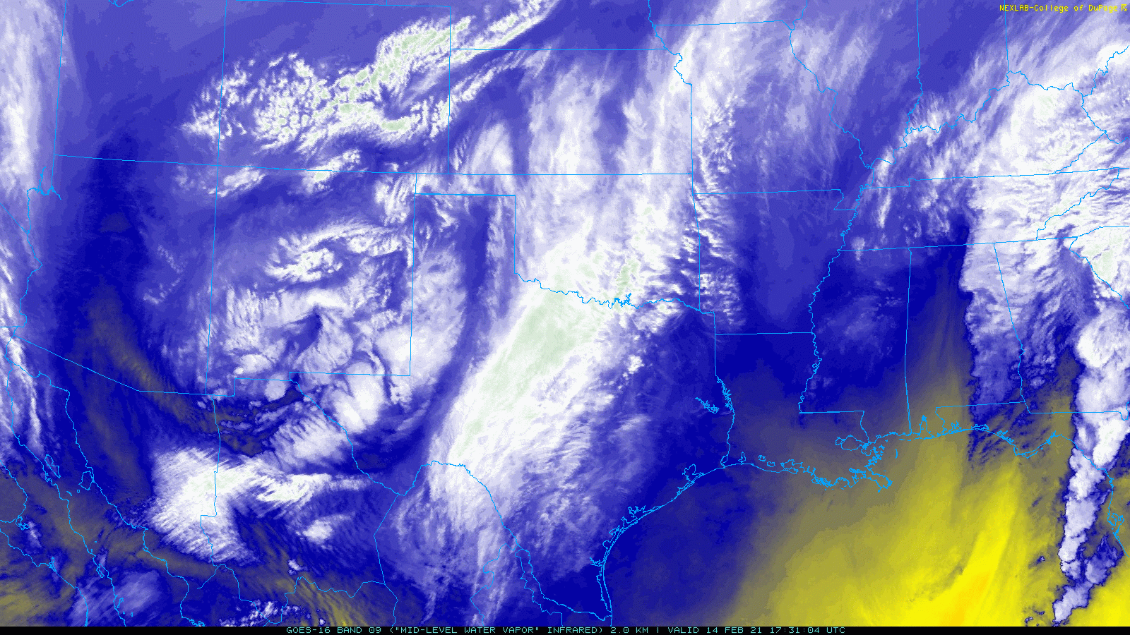 Mid-level water vapor imagery from GOES-16 valid from 11:31 am to 12:01 pm on 14 February 2021. A storm system approaching the region is seen supplying moisture and lift, which supported periods of snow.