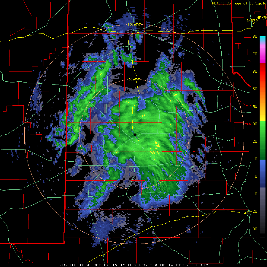 Lubbock radar animation valid from 5:18 am to 11:59 am on 14 February 2021.