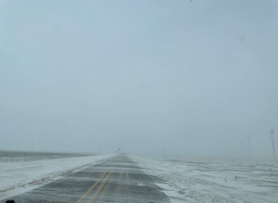 Snow and blowing snow west of Crosbyton on Sunday (14 February). The picture is courtesy of Connie McMahon and KCBD.