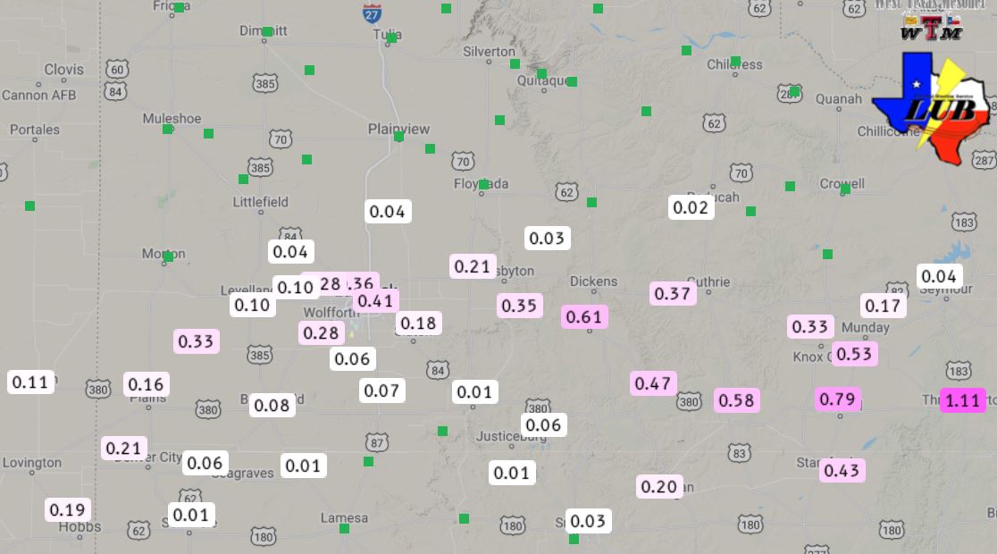 48-hour rainfall ending at 11 am on 28 November 2021. The data are courtesy of the West Texas Mesonet. 