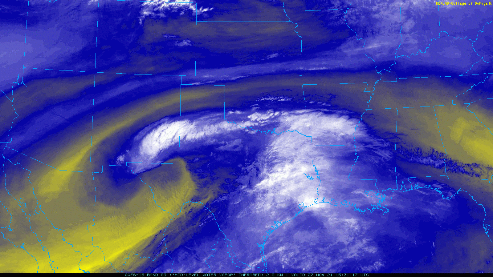 Water vapor loop valid from 9:31 am to 11:21 am on 27 November 2021.