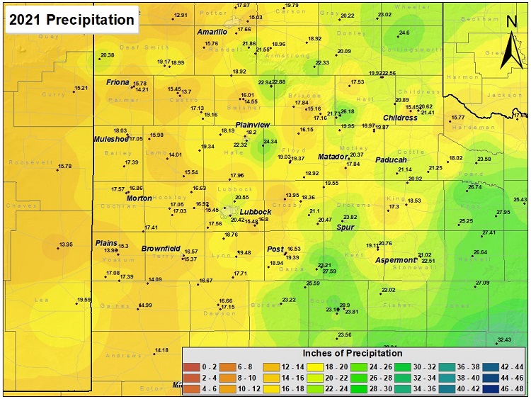 This map displays precipitation totals for 2021. The map was created with data gathered from the NWS Cooperative observers and automated stations, and the West Texas Mesonet. 