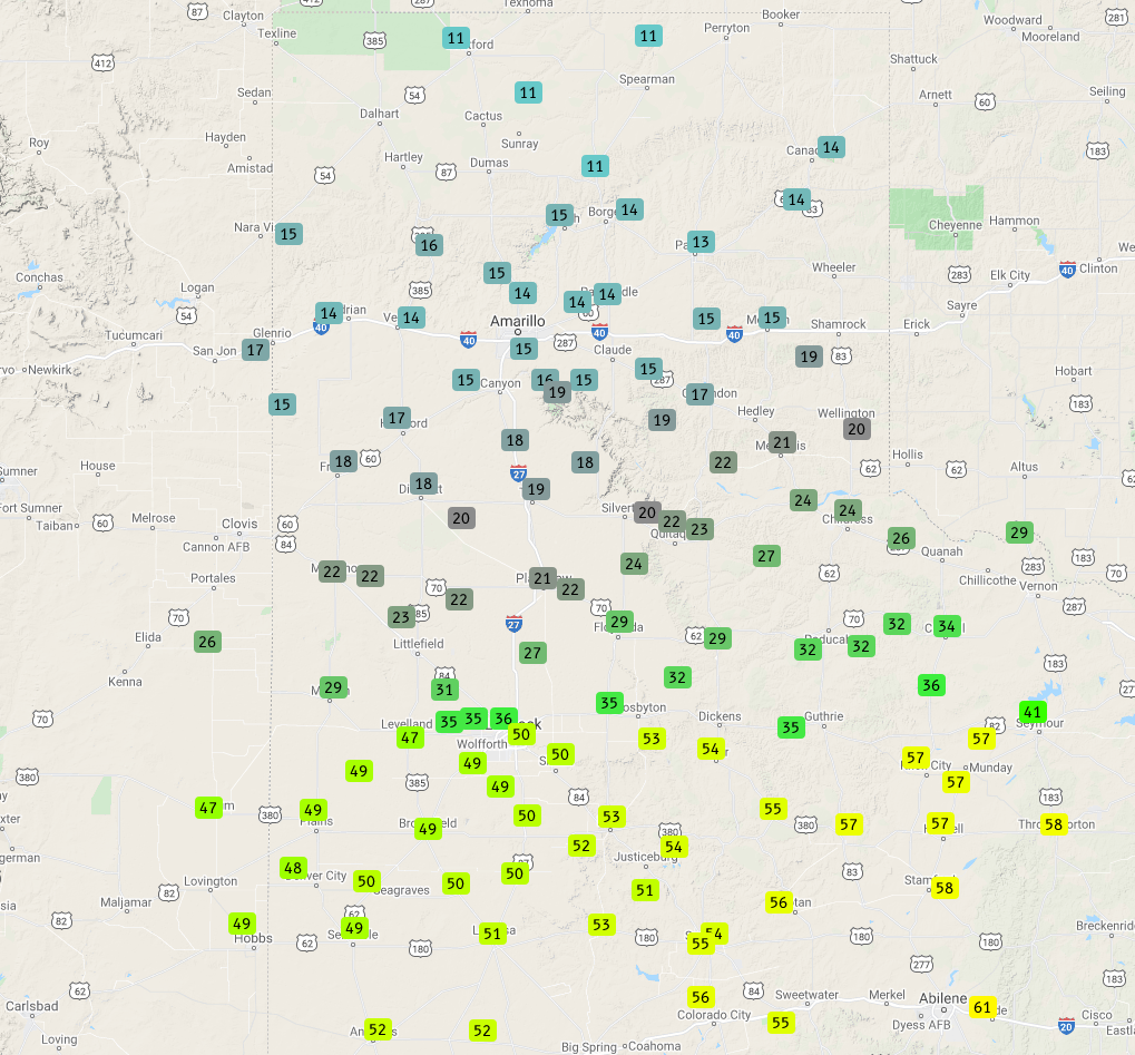 Observed temperatures at 9:50 am on 1 January 2022. Data are courtesy of the West Texas Mesonet.