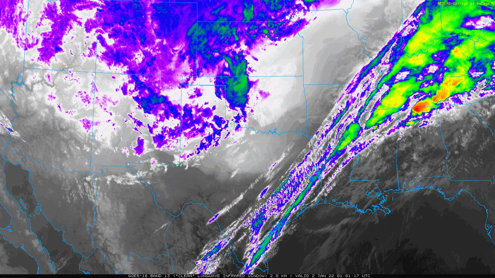 Infrared satellite animation loop valid from 7:01 pm to 7:41 pm 1 January 2022.
