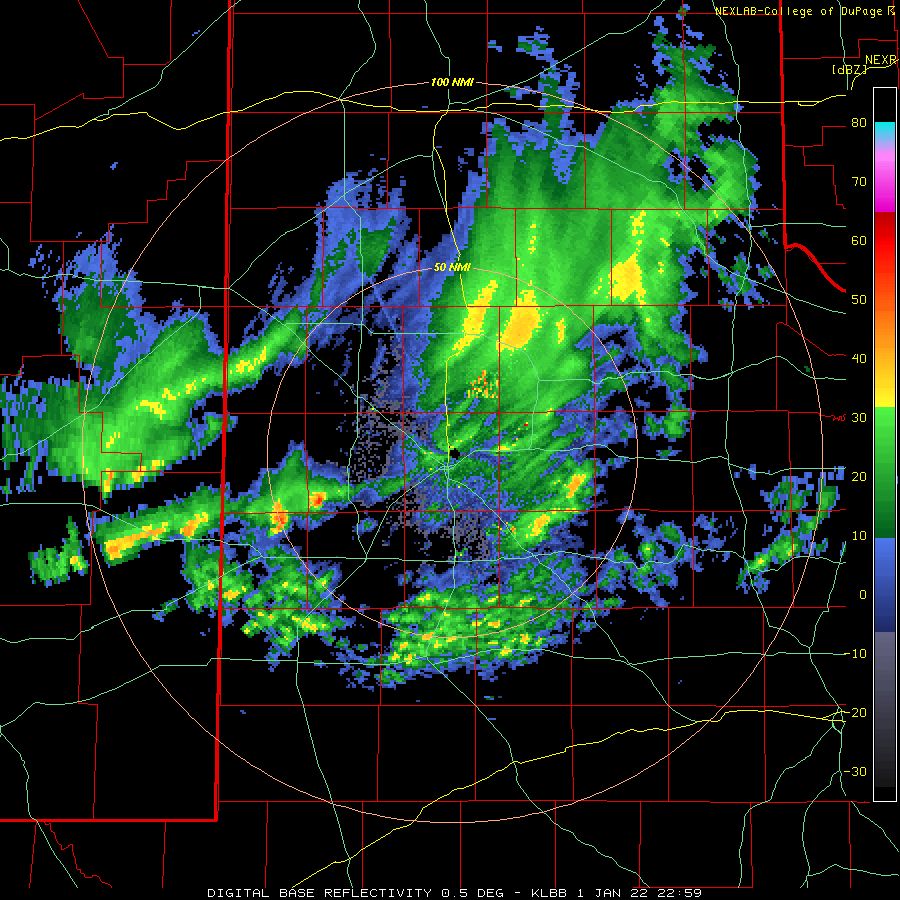 Lubbock WSR-88D base reflectivity loop valid from 4:59 pm to 7:19 pm on 1 January 2022.