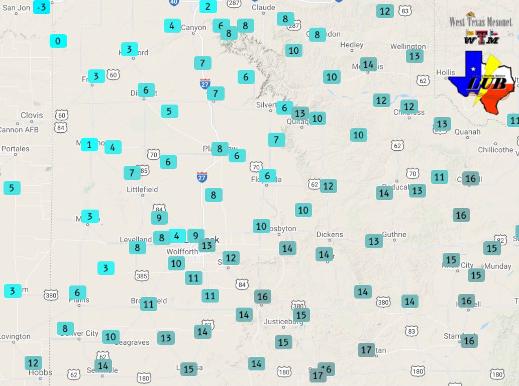 Low temperatures Sunday morning (2 January 2022) by the West Texas Mesonet.