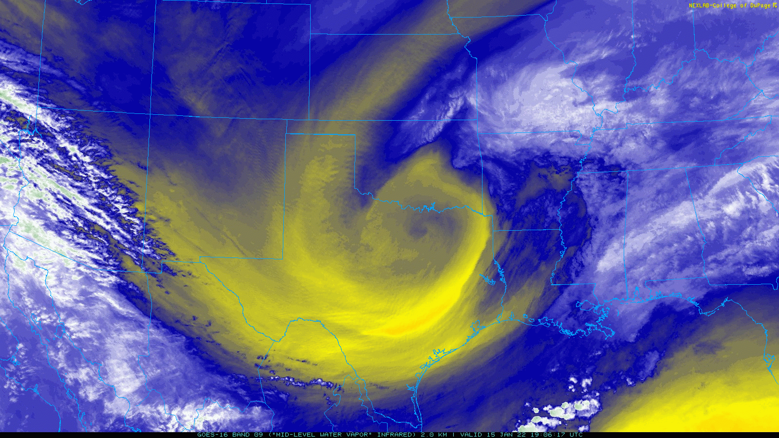 Water vapor loop from 1:06 pm to 1:36 pm on Saturday (15 January 2022). A mature storm system is seen spinning southward over North Texas.
