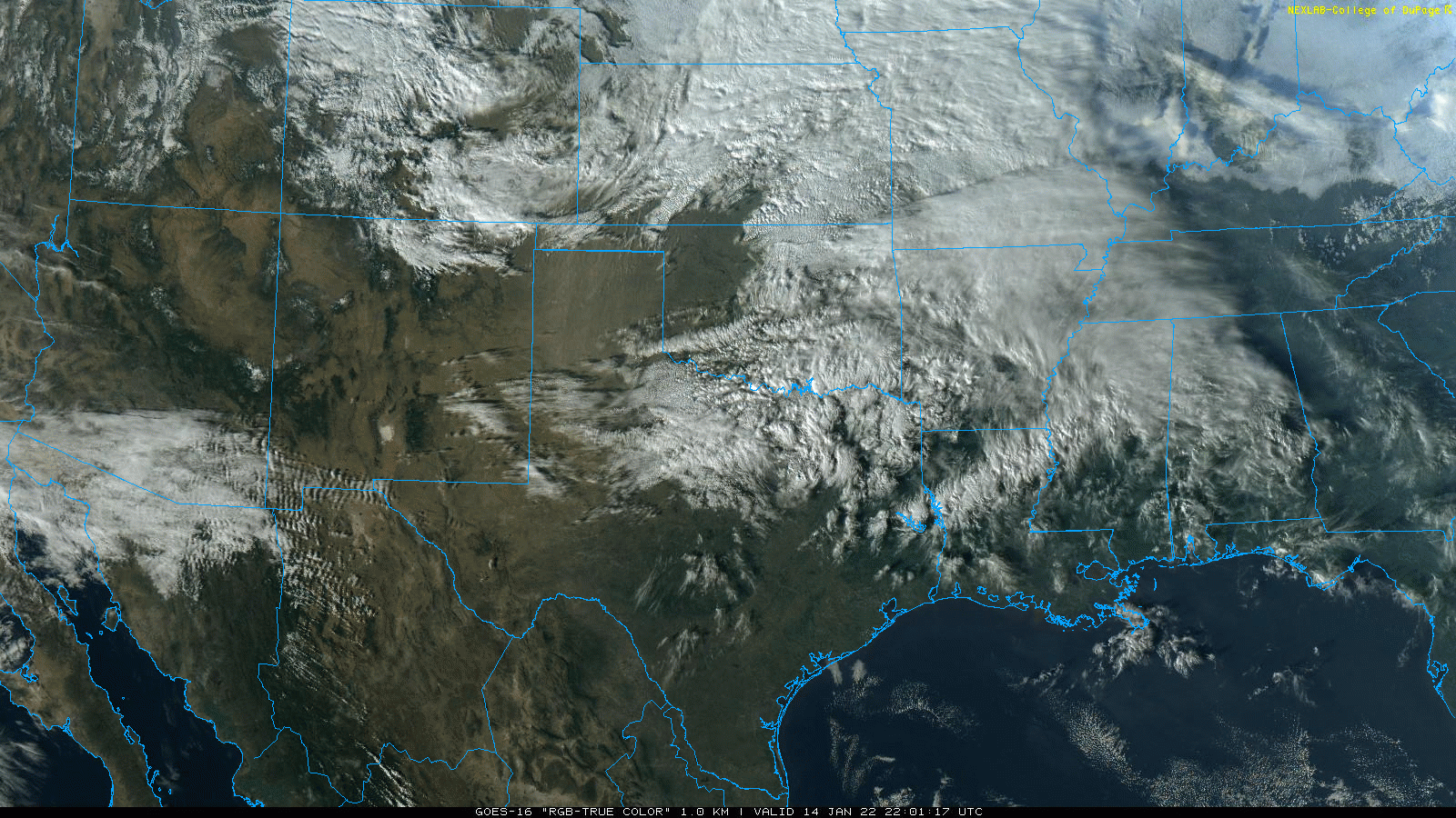 True Color satellite loop valid from 4:01 pm to 5:01 pm on 14 January 2022. Dust can clearly be seen spreading southward from the Texas Panhandle.