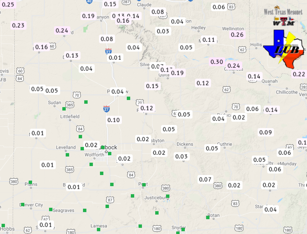 Snow and ice melt (inches) measured by the West Texas Mesonet after the 26 January winter weather event.