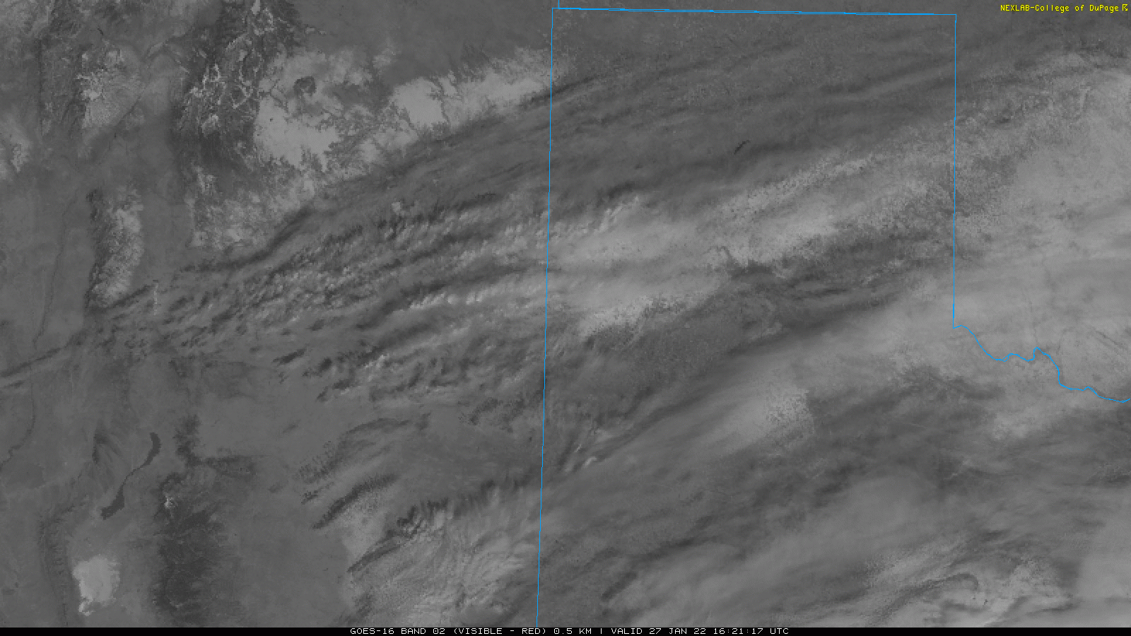 Visible satellite loop valid from 10:21 to 11:56 am on 27 January 2022. Several areas of snow are clearly visible beneath the high clouds streaming over the region.