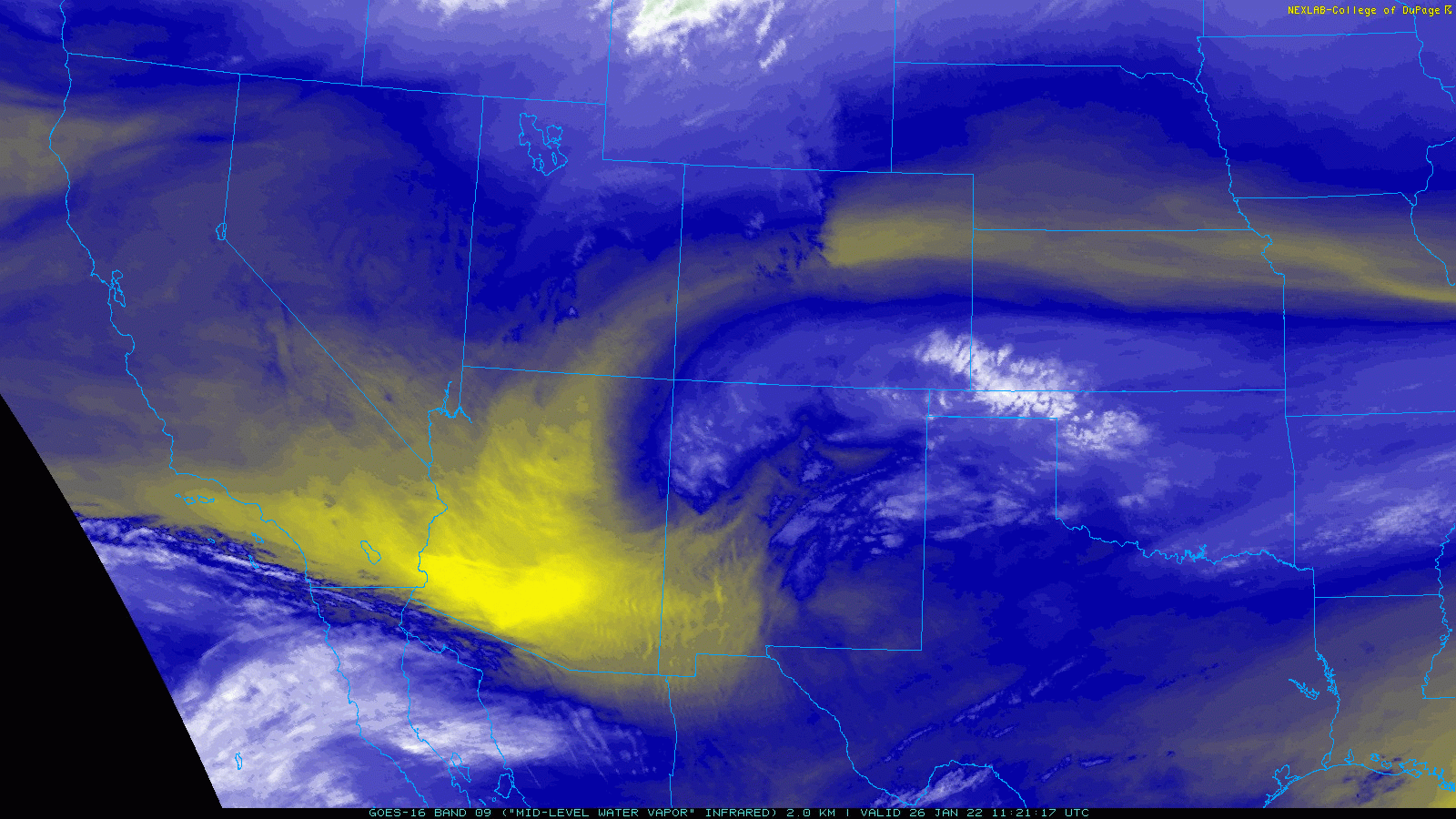 Water vapor imagery loop valid from 5:21 to 6:11 am on 26 January 2022. A well-defined system is seen approaching West Texas via New Mexico.