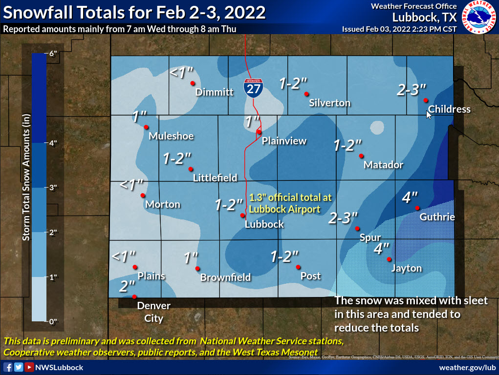 Snow and sleet totals (inches), as reported to the Lubbock NWS, through Thursday morning (3 February 2022).