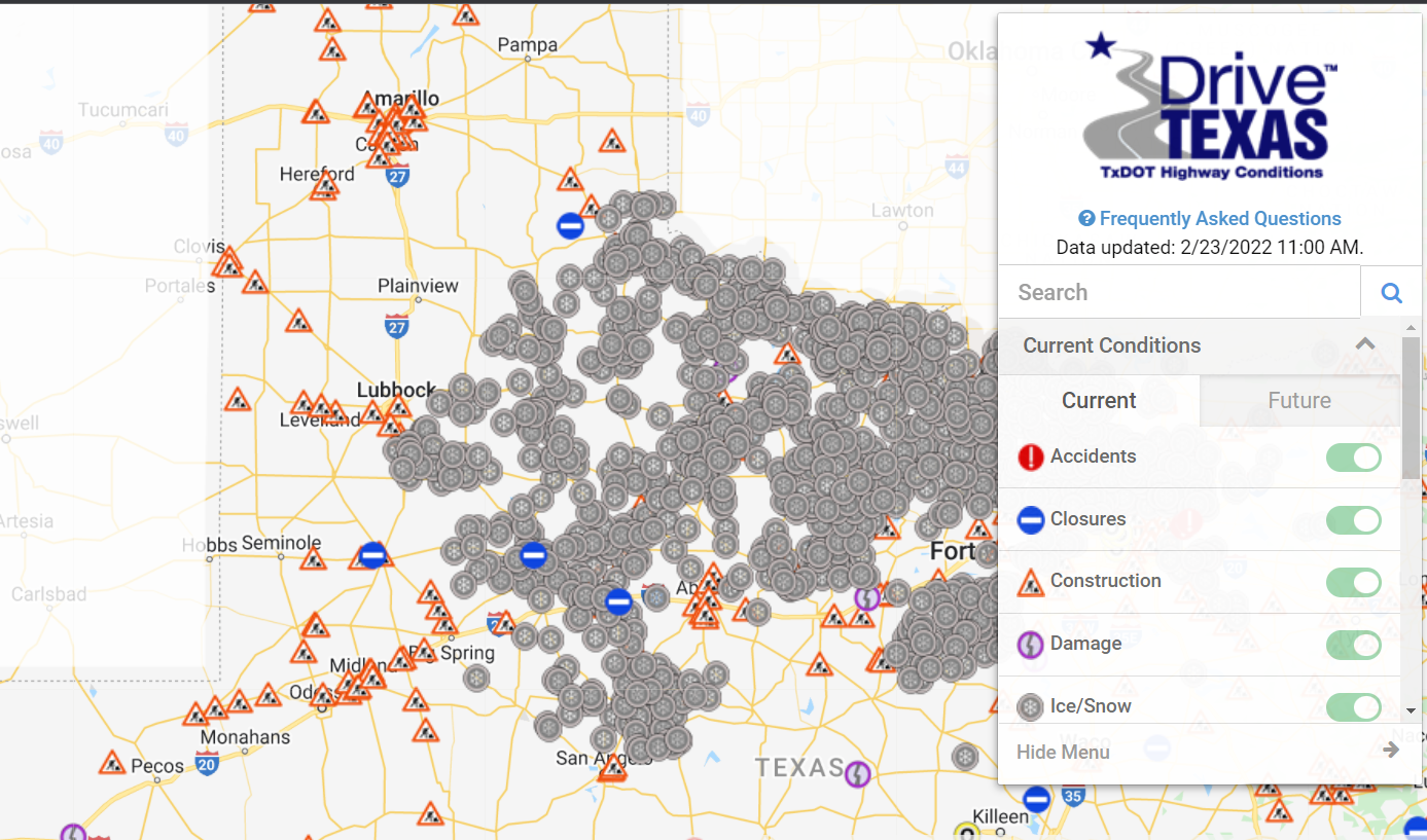 TXDOT road conditions captured around 11 am the morning of 23 February 2022.