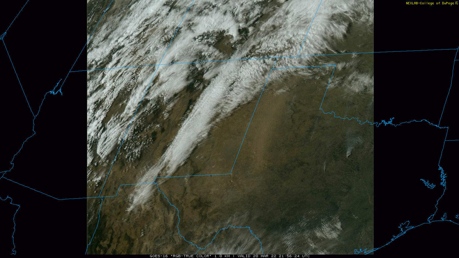 "True Color" satellite image valid from 4:56 pm to 5:02 pm on Sunday (20 March 2022). Note the extensive dust plume moving from south-to-north across the western South Plains and Texas Panhandle. Smoke plumes from fires in the Central Texas are also obvious.
