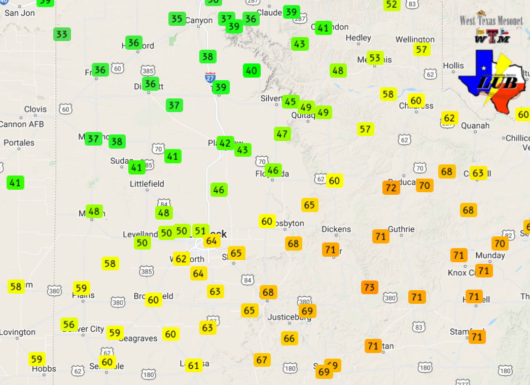 Temperatures observed by the West Texas Mesonet at 6:30 pm on 21 March 2022.