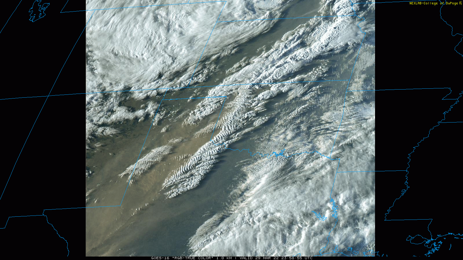 "True Color" satellite loop valid from 6:58 pm to 7:07 pm on Tuesday (29 March 2022). Note the extensive dust plume moving from southwest-to-northeast from Far West Texas over the South Plains and Texas Panhandle.