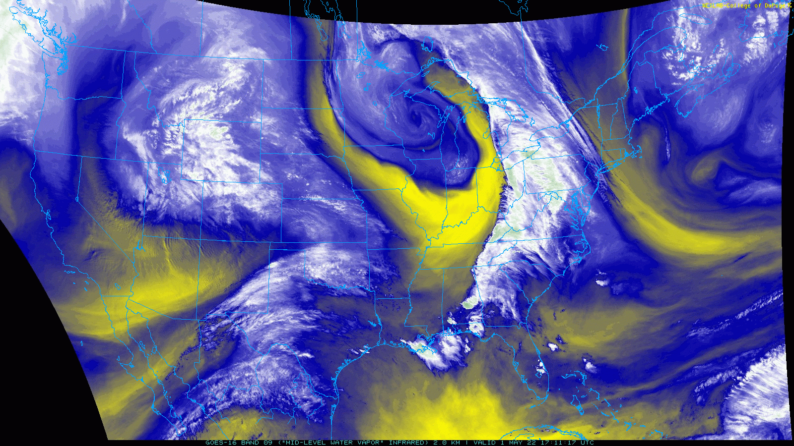 Water vapor satellite loop valid from 12:11 pm to 12:36 pm on Sunday (1 May 2022).