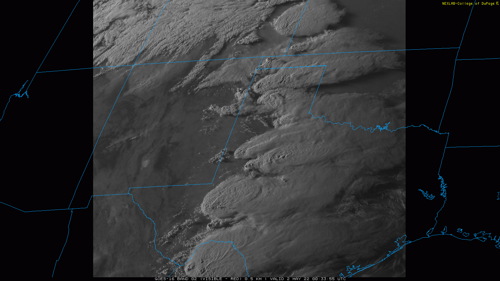 Late evening visible satellite loop valid from 7:33 pm to 7:41 pm on Sunday (1 May 2022). Note the shadows associated with the overshooting tops of the most intense thunderstorms.
