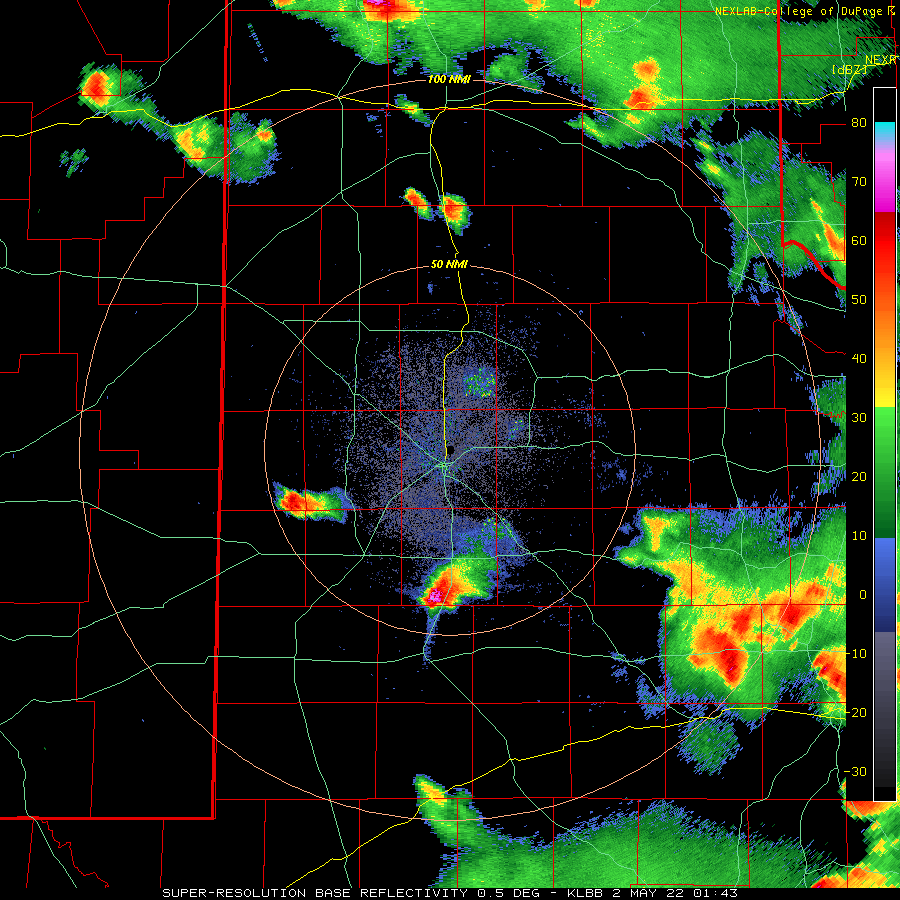Lubbock WSR-88D radar animation valid from 8:43 pm to 9:09 pm on 1 May 2022.