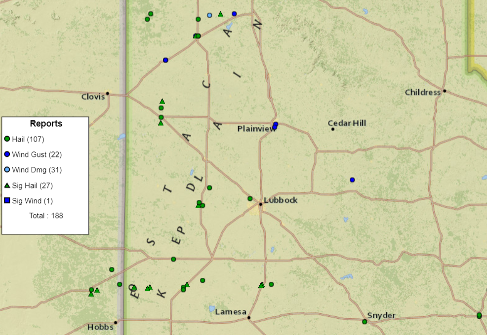 Storm reports collected by the National Weather Service and displayed by the Storm Prediction Center for 1 May 2022.