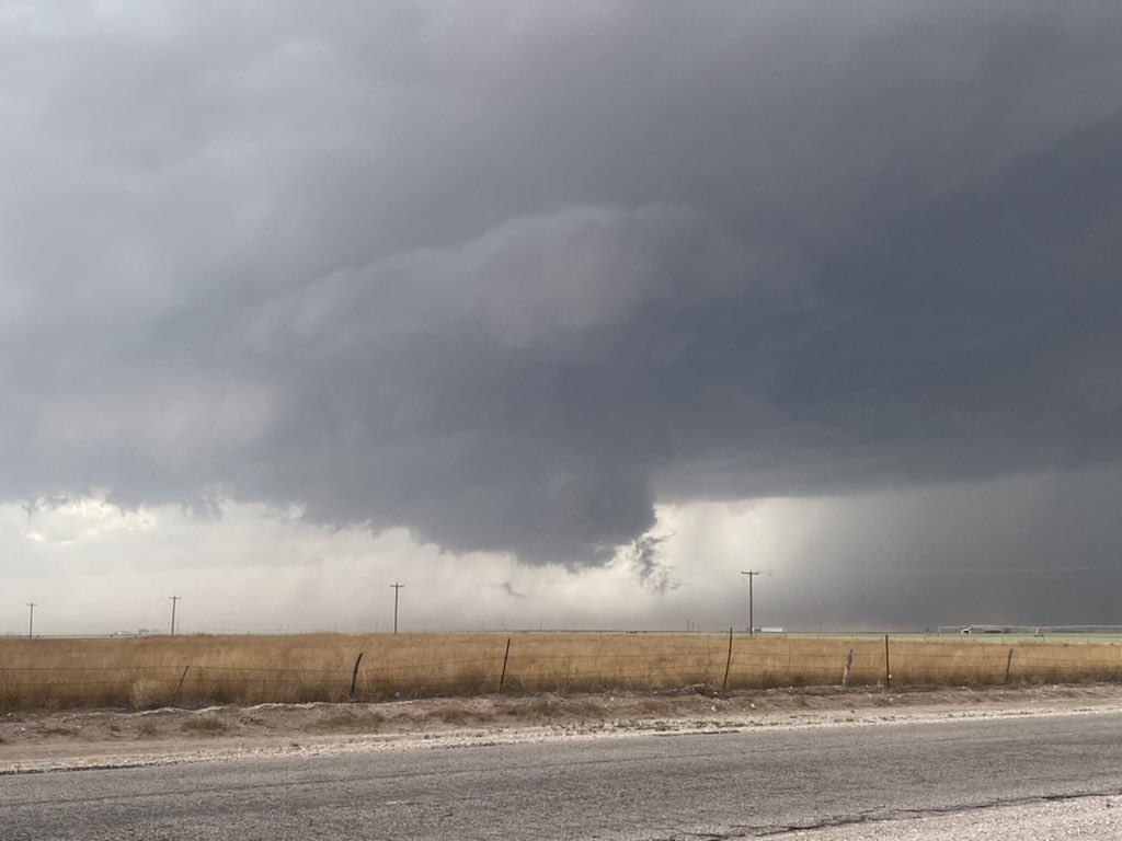 Rotating wall cloud west of Denver City Sunday afternoon (1 May 2022). The picture is courtesy of Jack Maney.