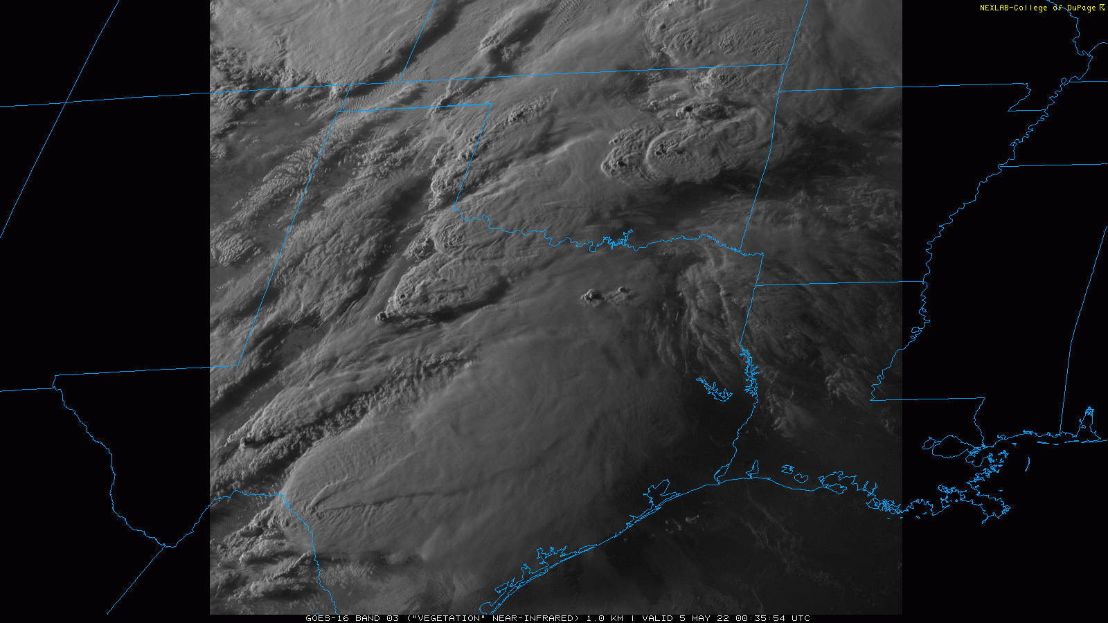 Late evening visible satellite loop valid from 7:35 pm to 7:42 pm on Wednesday (4 May 2022). Note the shadows associated with the overshooting tops of the most intense thunderstorms.