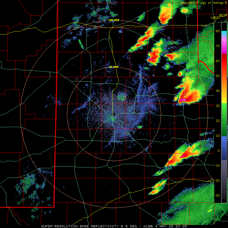 Lubbock WSR-88D radar animation valid from 6:20 pm to 7:05 pm on 4 May 2022.