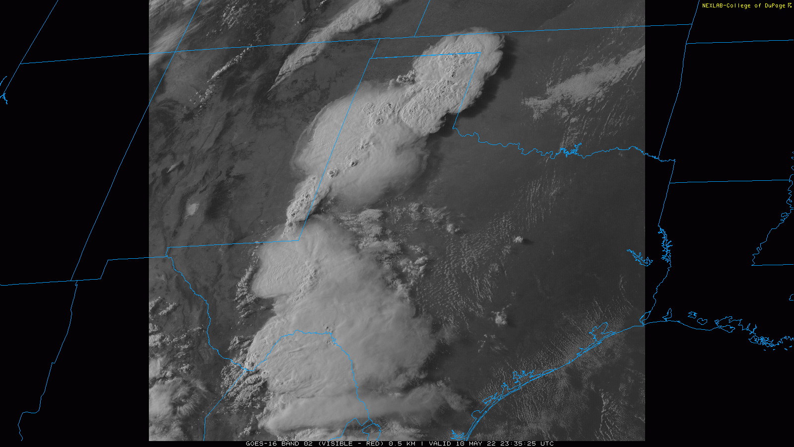 1-minute visible satellite loop valid from 6:35 pm to 6:41 pm on Tuesday (10 May 2022). Note the shadows associated with numerous overshooting tops (very tall tops of the most intense thunderstorms).