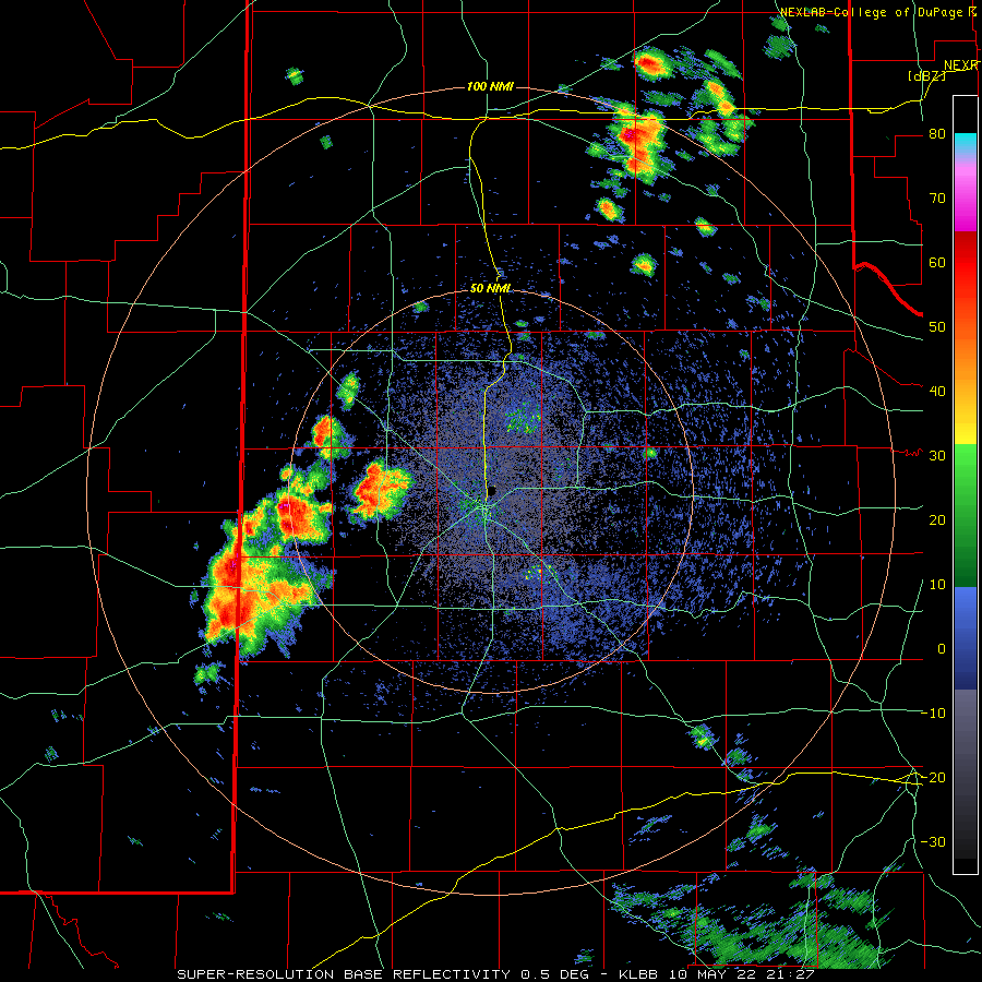 Lubbock WSR-88D radar animation valid from 4:27 pm to 6:34 pm on 10 May 2022. 