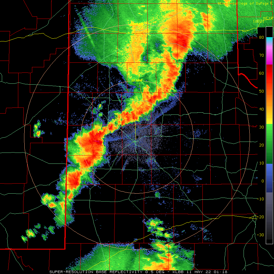 Lubbock WSR-88D radar animation valid from 8:18 pm to 9:43 pm on 10 May 2022. 