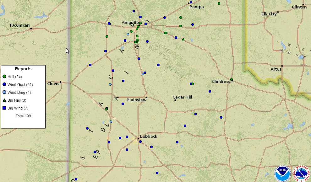 Storm reports collected by the National Weather Service and displayed by the Storm Prediction Center for 10 May 2022.