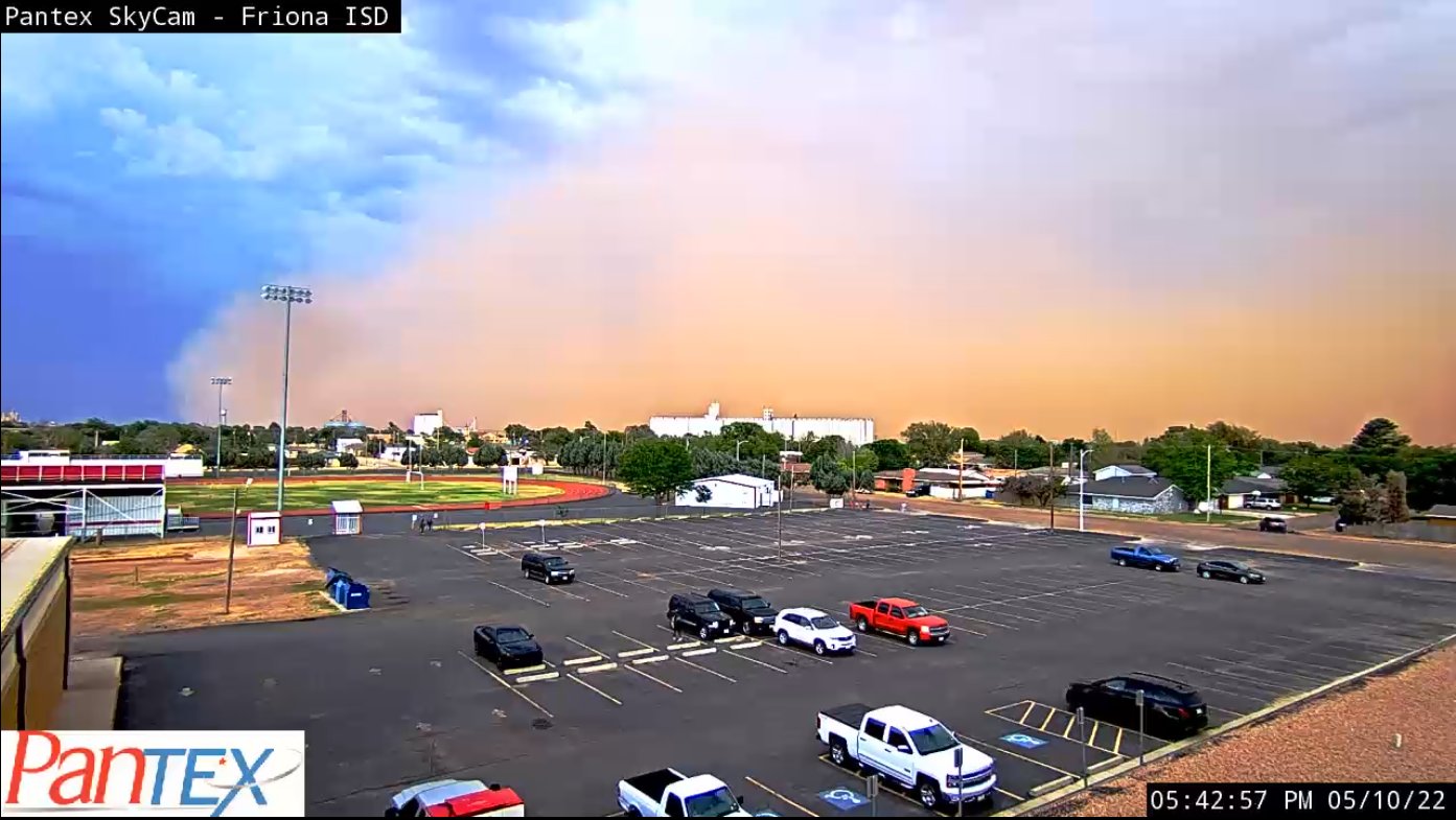 Wall of dust (haboob) moving through Friona Tuesday evening (10 May 2022). The image is courtesy of Pantex.