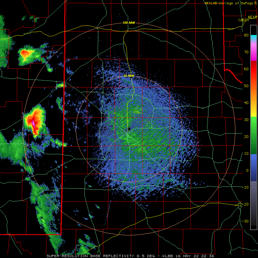 Lubbock WSR-88D radar animation valid from 5:40 pm to 8:37 pm on 16 May 2022. 