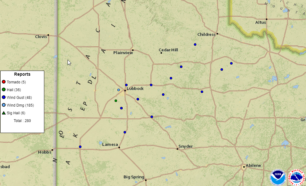 Storm reports collected by the National Weather Service and displayed by the Storm Prediction Center for 16 May 2022.